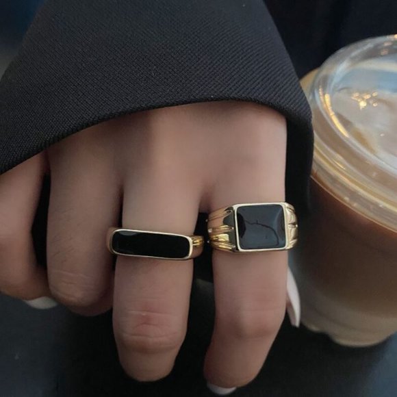 Jewelry - 925 Sterling Silver Black Bar Ring Black Square Ring Gold Thick Ring Band